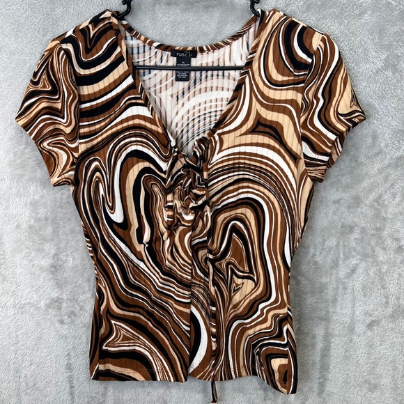 Rue21 Tops - rue21 Womens XL Brown Swirl Lace Up V-Neck Ribbed Short Sleeve 70s Retro Y2K